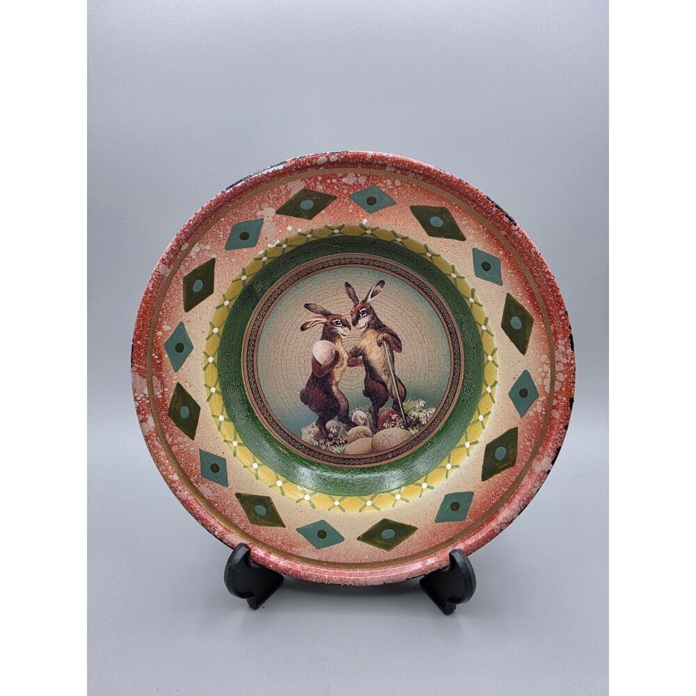 Katherines Collection Primitive Rabbits & Eggs Folk Art Chippy Painted Dish Vtg